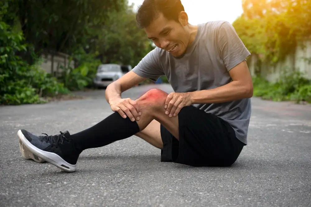 Middle-aged woman experiencing knee pain while trying to sit on the floor
